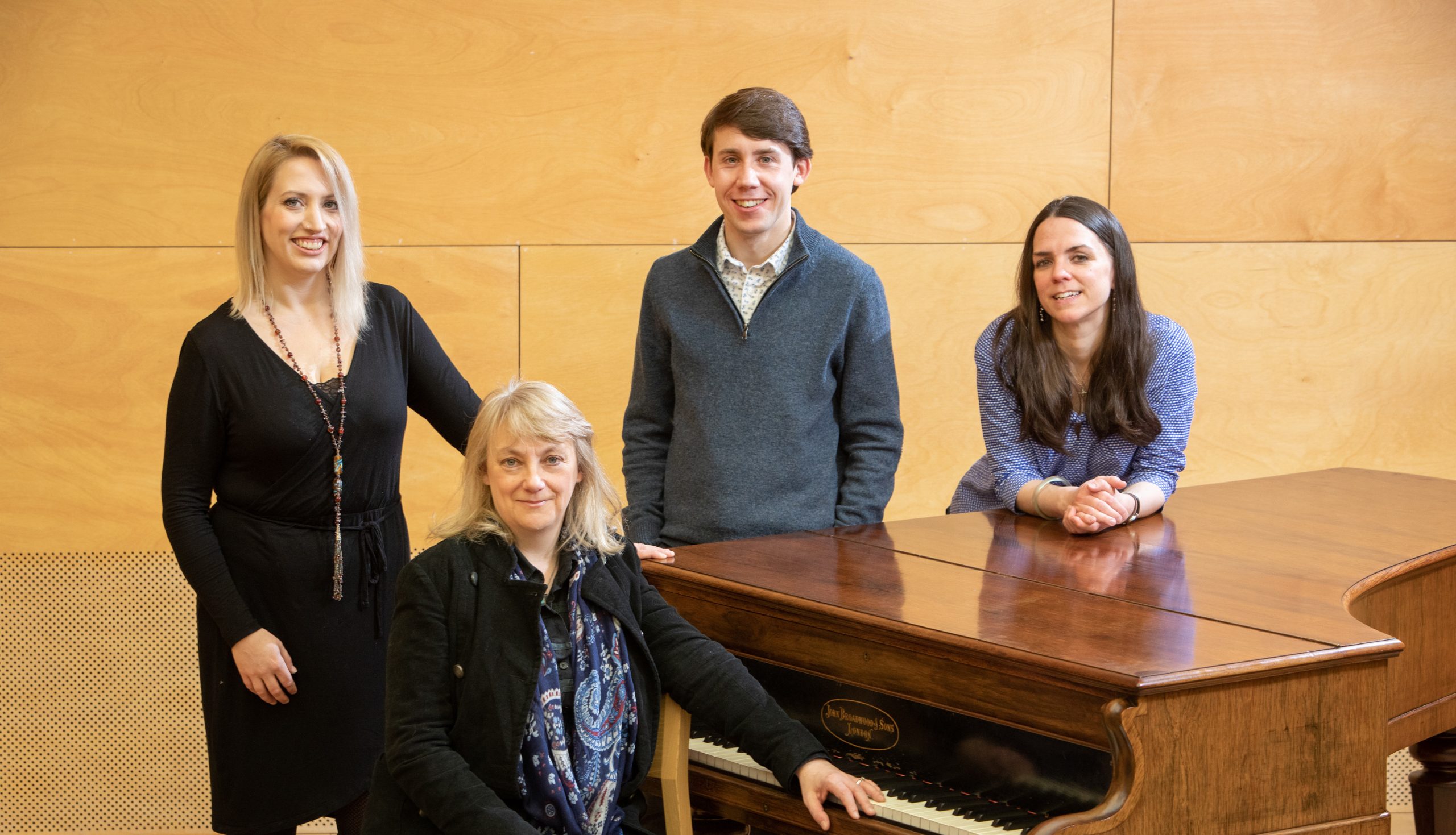Composers Ailie Robertson, Rebecca Rowe and Jane Stanley (L-R), with Jamie Sansbury, GSA Choir Musical Director (centre), pictured in the choir’s rehearsal hall.